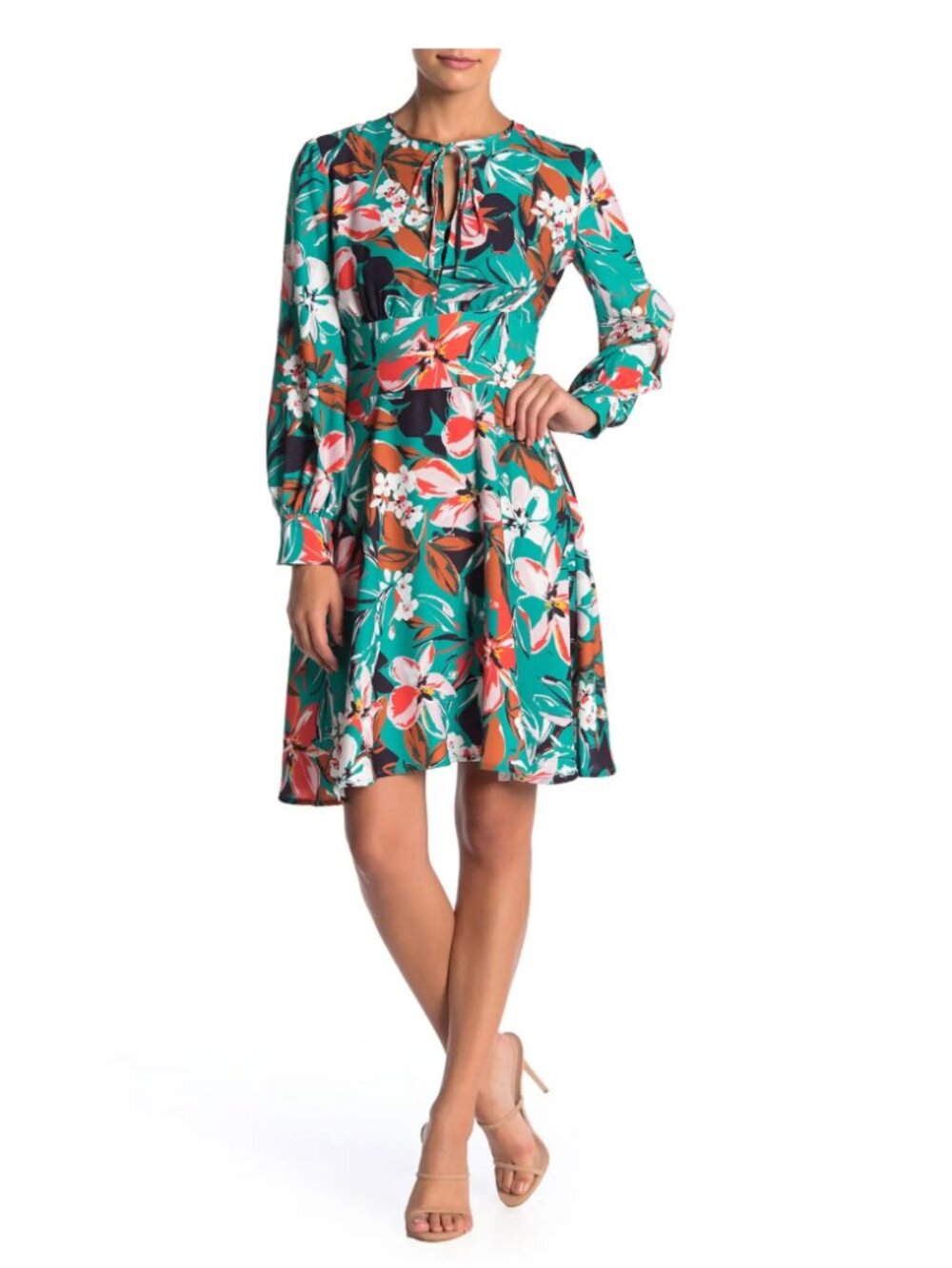 Alema Admor Size 2 Green Floral Mini Dress Long Sleeve Keyhole Neck Dress
